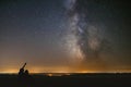 Couple in love under stars of center our home galaxy Milky Way. Two people at night under stars Royalty Free Stock Photo