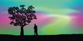 Couple in love under a tree with aurora borealis polar lights background