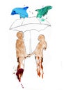 A couple in love under an umbrella from which whales jump out