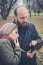 Couple in love using tablet connecting web wireless wifi