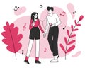 Couple in love vector illustration. Date, favourite song, romantic atmosphere. Smiling young pair holding hands, happy