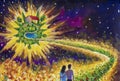 Couple in love walk flower road in cosmos to their dream