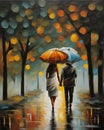 couple in love walking in Paris, night, fall, rainy, misty, digital painting, deep brush strokes