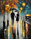 couple in love walking in Paris, night, fall, rainy, misty, digital painting, deep brush strokes