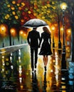 couple in love walking in Paris, night, fall, rainy, misty, digital painting, deep brush strokes