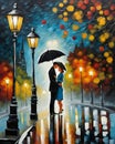 couple in love walking in Paris, night, fall, rainy, misty, digital painting, deep brush strokes