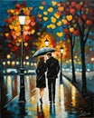 couple in love walking in Paris, night, fall, rainy, misty, digital painting, deep brush strokes