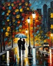 couple in love walking in Paris, night, fall, rainy, misty, digital painting, deep brush strokes