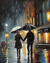 couple in love walking in Paris, night, fall, rainy, misty, digital painting, deep brush strokes