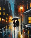 couple in love walking in Paris, night, fall, rainy, misty, digital painting, deep brush strokes