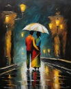 couple in love walking in Paris, night, fall, rainy, misty, digital painting, deep brush strokes