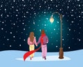 Couple in love walking in park under snow along path lit by street lantern. Male and female winter outdoors romantic Royalty Free Stock Photo