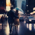 A couple in love walking in rain city street oil painting