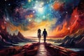 Couple in love standing in surrealistic fantasy landscape. Generative AI