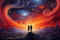 Couple in love standing in surrealistic fantasy landscape. Generative AI