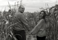 A couple in love walks in the middle of a dry corn field Royalty Free Stock Photo