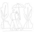 A couple in love walks in the park, under an umbrella. A man hugs a woman. The concept of love and family values. Hand drawn linea