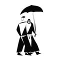 A couple in love walks in the park, under an umbrella. A man hugs a woman. The concept of love and family values. A black and whit