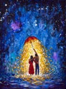 Couple in love walks under glowing umbrella in winter starry night