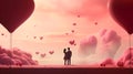 A couple in love watching together in the flood of red heart balloons in the sky. Heart as a symbol of affection and Royalty Free Stock Photo