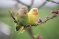 Couple of lovebird on a peach branch