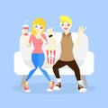 Couple lover man and woman dating on weekend holiday vacation, sitting on couch sofa, watching cinema movie with popcorn, soda pop