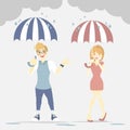 Couple lover man and woman standing, holding umbrella in rainy day season Royalty Free Stock Photo
