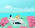 A couple lover picnic in the cherry blossom flower viewing festival in spring times