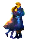 Couple lover sweet hug kissing in winter cold cool coat watercolor painting