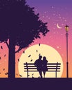 Couple lovers on bench in park, under tree, autumn. Sunset, night, stars. Vector illustration silhouette