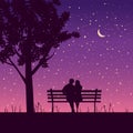 Couple lovers on bench in park, under tree. Night, stars, moon. Vector illustration silhouette Royalty Free Stock Photo