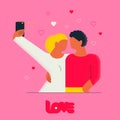 Couple of lovers do self photography selfie on device. Flat illustration for Valentines day