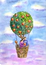 Couple of lovers flying in an apple tree balloon