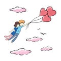 Couple of lovers flying on heart balloons. Digital Illustration for Saint Valentine's Day
