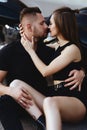 Couple of lovers kissing and hugging on motorbike Royalty Free Stock Photo