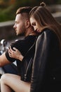 Couple of lovers kissing and hugging on motorbike Royalty Free Stock Photo