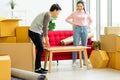 Couple lovers move the cardboard boxes to new family house Royalty Free Stock Photo
