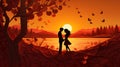 Couple lovers in park, under tree, in sunset Valentine's day illustration Royalty Free Stock Photo