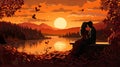 Couple lovers in park, under tree, in sunset Valentine's day illustration Royalty Free Stock Photo