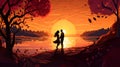 Couple lovers in park, under tree, in sunset Valentine's day illustration Royalty Free Stock Photo