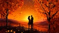 Couple lovers in park, under tree, in sunset Valentine's day illustration Royalty Free Stock Photo