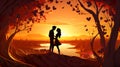 Couple lovers in park, under tree, in sunset Valentine& x27;s day illustration Royalty Free Stock Photo