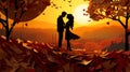 Couple lovers in park, under tree, in sunset Valentine's day illustration Royalty Free Stock Photo