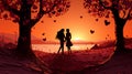 Couple lovers in park, under tree, in sunset Valentine's day illustration Royalty Free Stock Photo