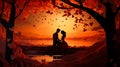 Couple lovers in park, under tree, in sunset Valentine's day illustration Royalty Free Stock Photo