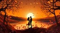 Couple lovers in park, under tree, in sunset Valentine's day illustration Royalty Free Stock Photo