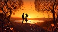 Couple lovers in park, under tree, in sunset Valentine& x27;s day illustration Royalty Free Stock Photo