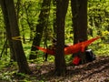 Couple of lovers resting in comfortable orange hammock in the forest on a sunny day. Lviv, Ukraine, 1 May 2022 Royalty Free Stock Photo