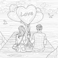 Couple of lovers on the seashore with balloons.Coloring book antistress for children and adults. Illustration isolated