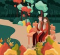 Couple lovers seated in park chair with autumn suit characters Royalty Free Stock Photo